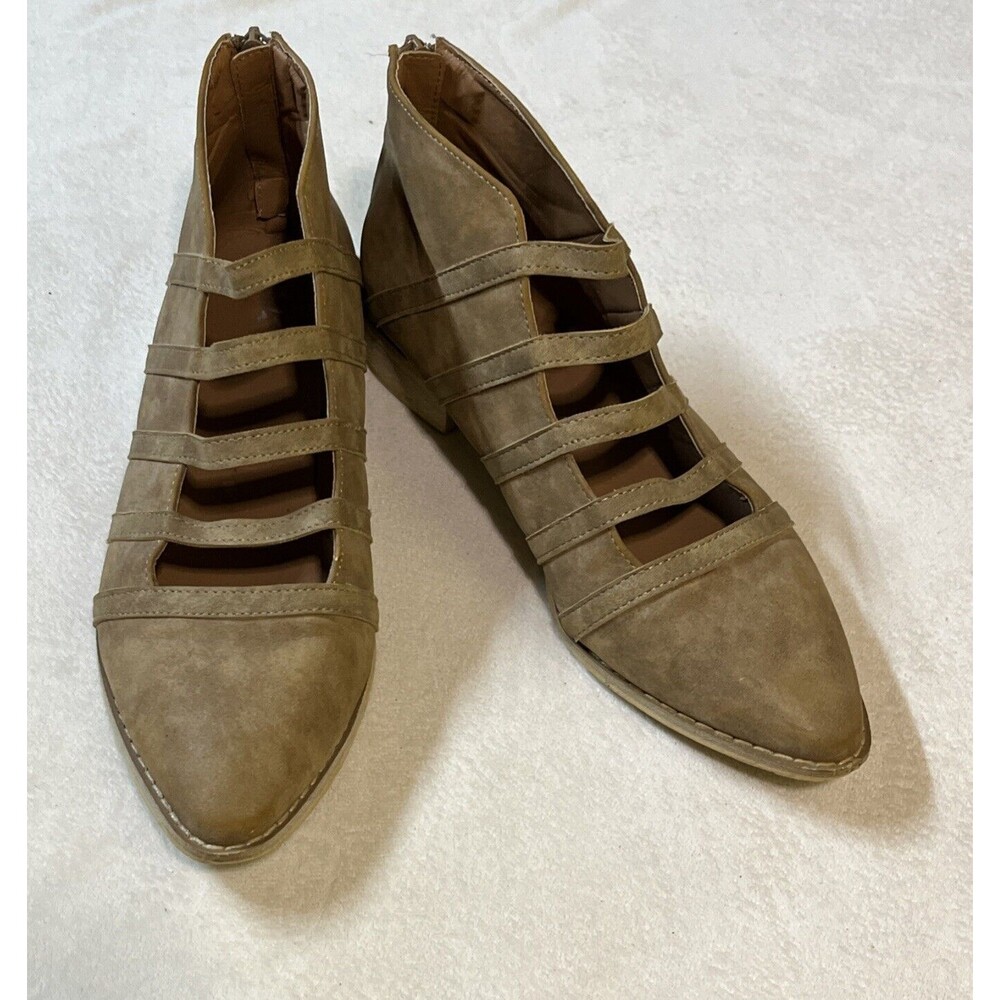 Mi.iM Suede Ankle Boots Size 8 1/2  Tan Brown Zipper Heel Pointed Toe 1" Heel